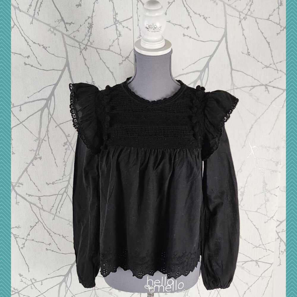 Zara Black Eyelet Inlay Boxy Peasant Blouse